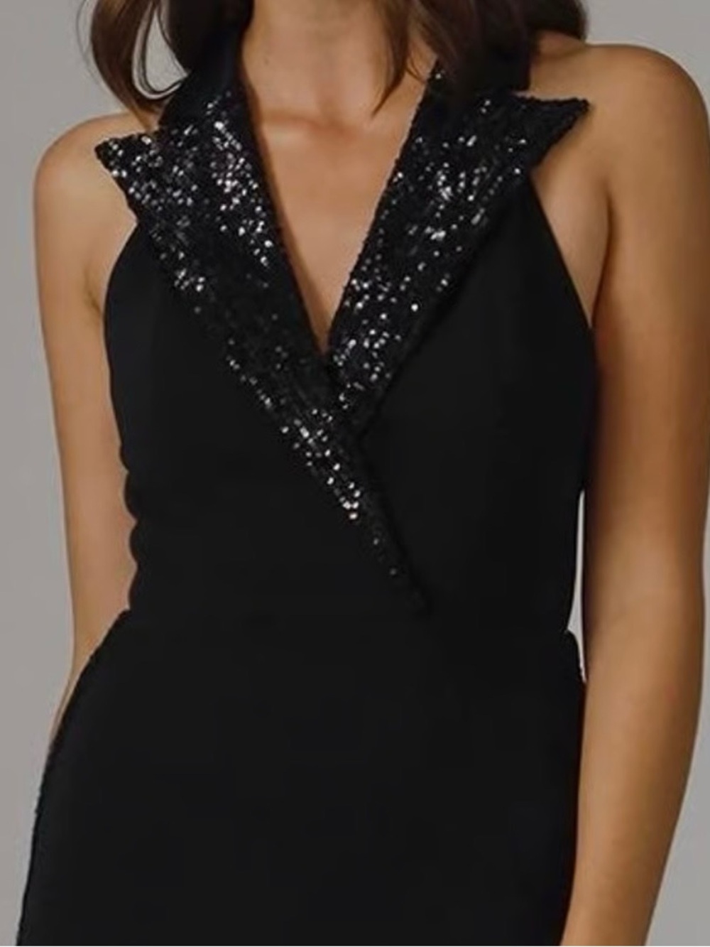 JAYGODFREY Black Tuxedo Sequin-Trim Halter Wide-Leg Jumpsuit Size 0 - Picture 2 of 10